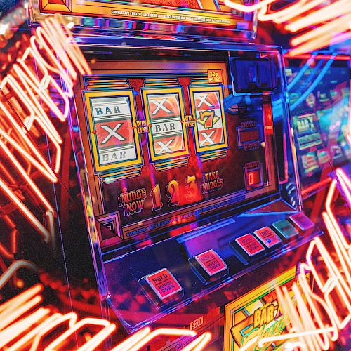 The image shows a brightly lit slot machine with vivid neon lights and colorful graphics in a casino setting.