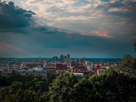 The image shows a cityscape under a dramatic sky with clouds, surrounded by trees in the foreground. The skyline includes various buildings.